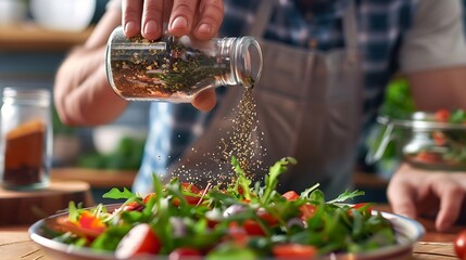 Closeup of young man adding spices from shaker in vegetable salad at table which prepared for dinner : Generative AI