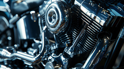 Close Up of a Chrome Motorcycle Engine
