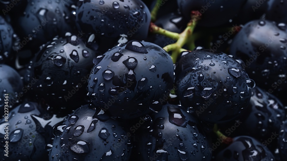 Poster closeup of berries of dark bunch of grape with water drops sot focus : generative ai