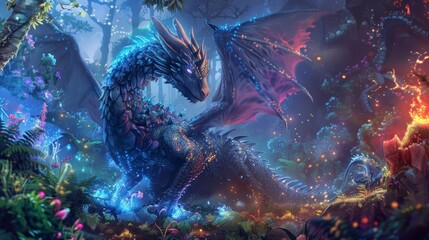 illustration of a big dragon in a colorful fairytale forest