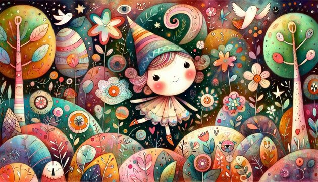 ilustraci&oacute;n infantil, para ni&ntilde;os, personaje m&aacute;gico, cuento de hadas, bosque, estrellas, flores, wallpaper, art, cuento, storybook, arco&iacute;ris, floral, personaje, dinosaurios, simp&aacute;tico, ni&ntilde;a, hada