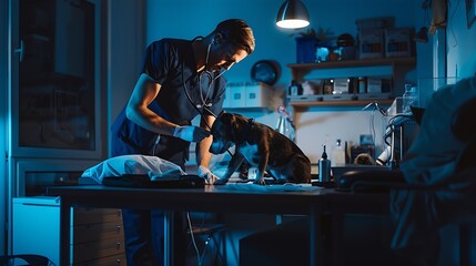 Veterinarians doctors conduct a routine examination of a dog listening to the heart with a stethoscope on a table in a modern office of a veterinary clinic Treatment and vaccination of : Generative AI