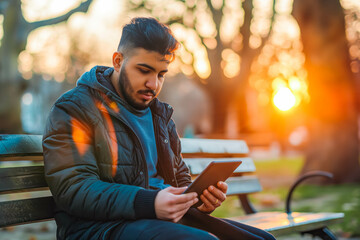 A young Middle Eastern man sits on a park bench, using his tablet to learn a new language as the sun dips below the horizon.