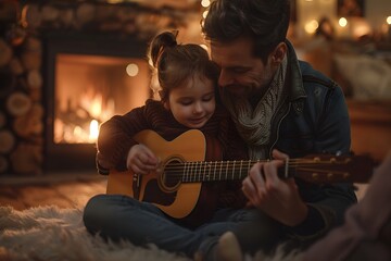 Father and daughter playing guitar together by a cozy fireplace