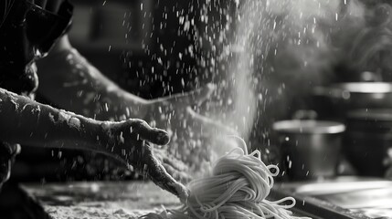 Obraz premium Male chef clapping hands with flour while making italian noodles tagliatelle out of dough in the kitchen black and white : Generative AI