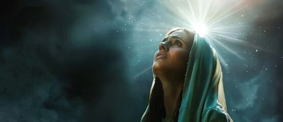 Fototapeta premium Biblical character. Emotional close up portrait of a woman with blue eyes in a veil looking up. Looking up to heaven with tears in her eyes, full-length shot set in biblical times,