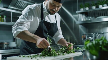 Male chef garnishing food with herb under light at commercial kitchen : Generative AI