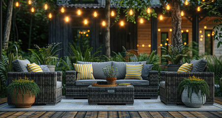 An outdoor patio scene featuring grey and white wicker furniture, black armchairs with striped...