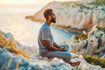 Afro-American man practicing mindfulness and meditation on rocky cliff at sunset, finding serenity...