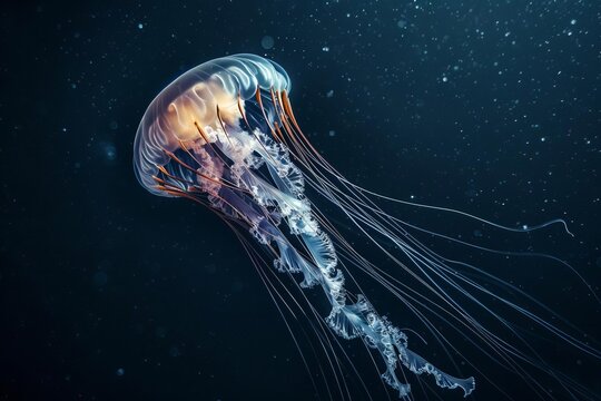 A jellyfish floating gracefully in the deep ocean, with its tentacles trailing behind