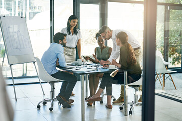 Woman, business and diversity in boardroom for meeting or presentation, manager or leader with collaboration. Female person and colleagues in office for planning or teamwork, discussion for strategy