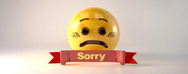 Yellow, 3D embarrassed emoji, "Sorry" written below in a red banner, clean white setting.
