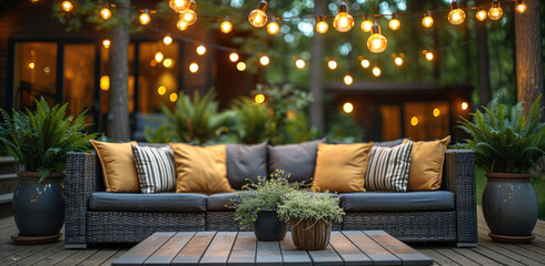An outdoor patio scene featuring grey and white wicker furniture, black armchairs with striped cushions, large ceramic pots filled with plants, string lights hanging above the seating area - Powered by Adobe