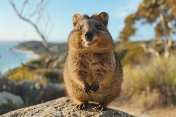 Naklejka premium A Quokka smiling and sitting on a rock, with a scenic Australian landscape in the background