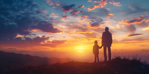 Obraz premium Father and son holding hands while watching a stunning sunset over a mountain range