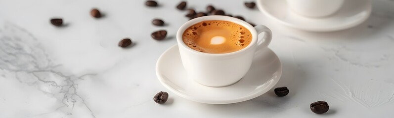 Fototapeta premium expresso coffee cup and coffee beans on white tables