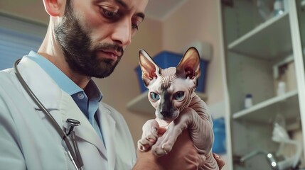 Male veterinarian with stethoscope holding sphynx cat in modern veterinary clinic Vaccination and treatment of pets Examination of the animal in the vet room : Generative AI