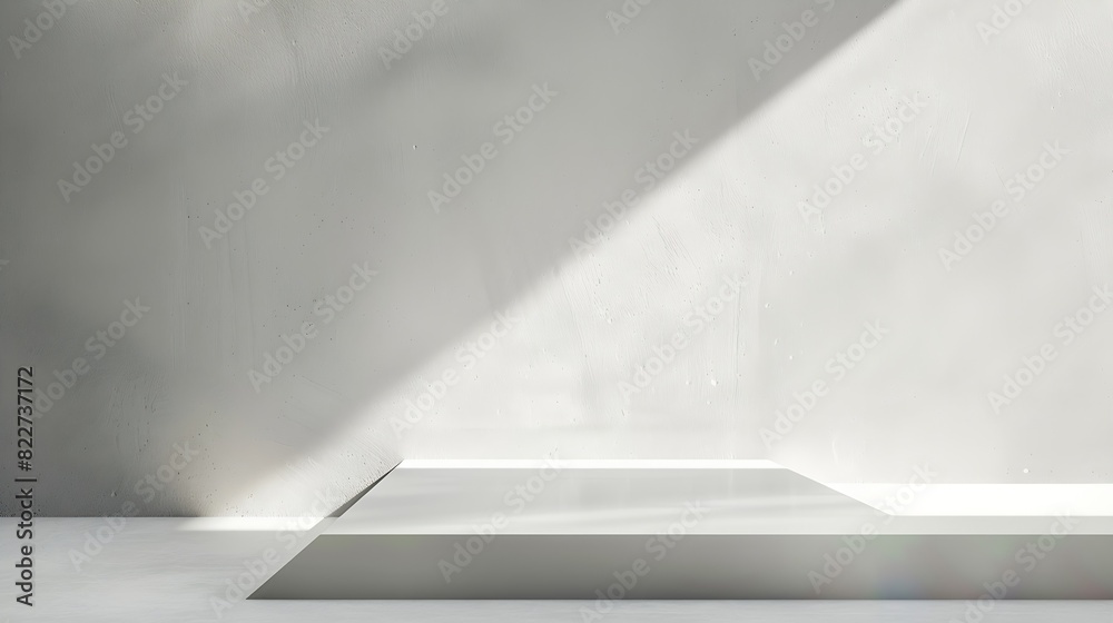 Poster White abstract empty corner blank table studio shot empty table white podium with spotlight and bright minimal background plaster bright white and gray wall and white table stage backg : Generative AI
