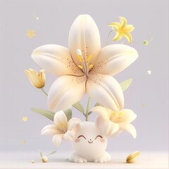 A cute cartoon illustration of a happy little creature surrounded by beautiful lilies