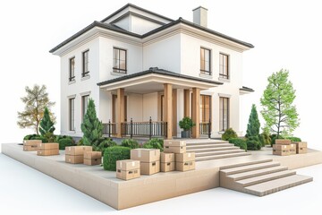 Fototapeta premium Elegant house with boxes prepared for moving, showcasing a neat, organized, and bright setup for a fresh start in a new, family-friendly suburban home.