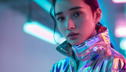 Woman in Metallic Jacket Neon Light Portrait