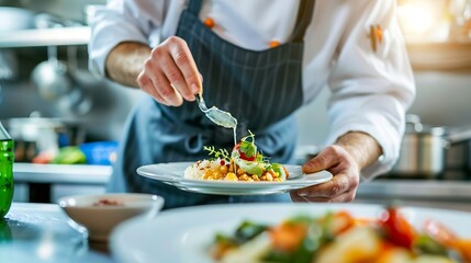 Cook in apron adding some sauce to dish Cropped chef preparing food meal in kitchen chef cooking Chef decorating dish closeup : Generative AI