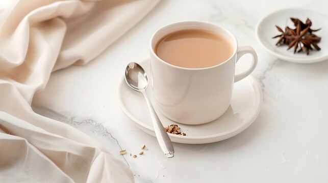 hot drink milk tea  milo  kopi coffee with milk in white cup and tea spoon and small plate in white background beverage halal drink food vegan menu for cafe : Generative AI