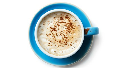 Cappuccino or latte with frothy foam blue coffee cup top view closeup isolated on white background Cafe and bar barista art concept : Generative AI
