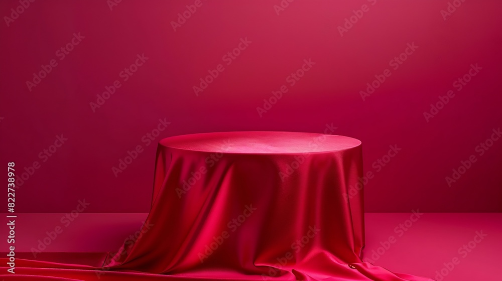 Poster cylinder podium covered with red cloth on viva magenta background premium empty fabric pedestal for 