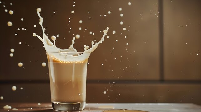 Milk coffee splashed from the mouth of the glass : Generative AI