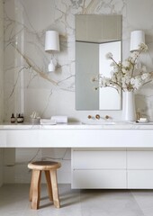 Fototapeta premium A simple modern bathroom with an oversized white marble vanity and wall mirrors featuring natural stone floors,