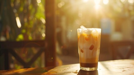 Glass of a iced coffee with cream milk Cold brew coffee drink with ice Early morning sun light Copy space : Generative AI