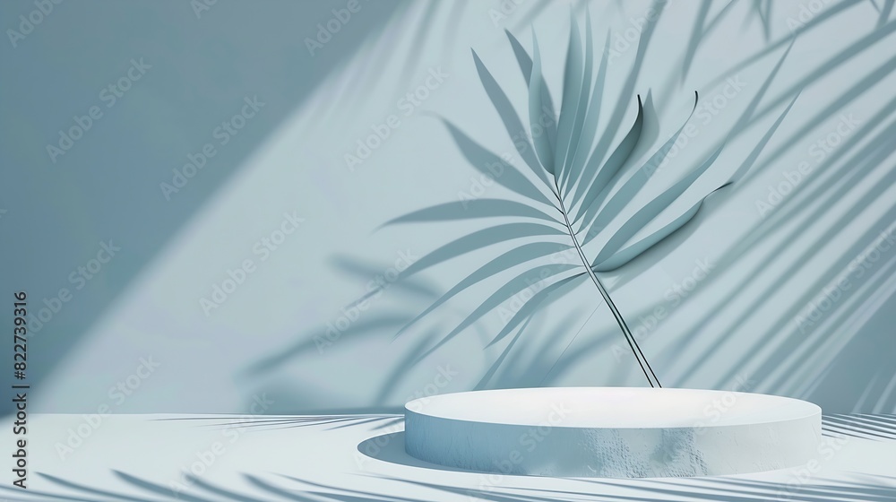Aufkleber An elegantly simple white podium setup with the serene shadow of a palm leaf cast on a smooth blue background : Generative AI