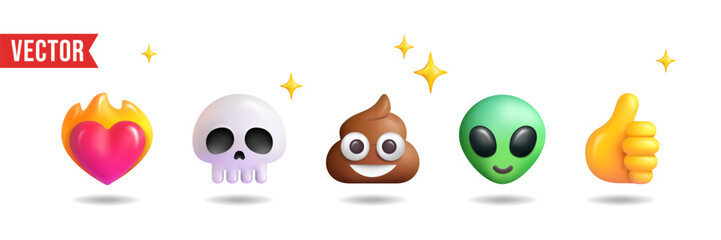 Set of five 3D emoji signs isolated on white background. Heart on fire, skull, poop, alien, thumbs up. Vector illustrations.
