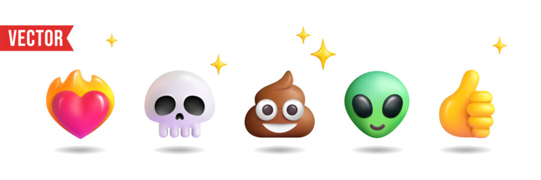 Set of five 3D emoji signs isolated on white background. Heart on fire, skull, poop, alien, thumbs up. Vector illustrations.