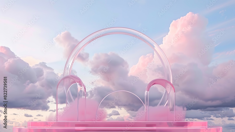 Poster Front view of transparent podium decorated with pinky cloudy sky background abstract content : Generative AI