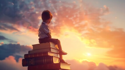 Back to school Happy cute industrious child sitting on the tower of books on background of sunset sky Concept of education and reading The development of the imagination : Generative AI - Powered by Adobe