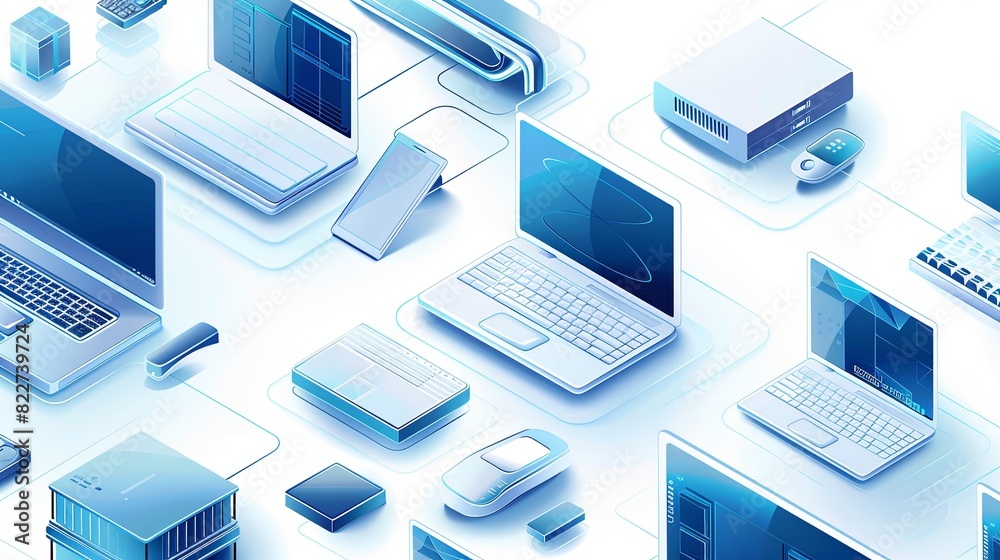 Poster isometric icons of laptops, computers, and tech equipment for cloud storage ads. creative banner wit