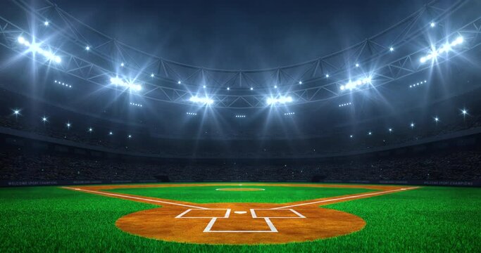 Modern sport stadium at night and baseball field ready for the match. Professional 4K video loop for sports advertisement.	