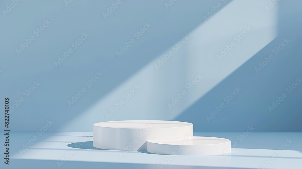 Aufkleber Abstract empty white podium with geometric shadows on blue background Mock up stand for product presentation 3D Render Minimal concept Advertising template : Generative AI