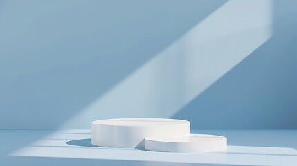 Abstract empty white podium with geometric shadows on blue background Mock up stand for product presentation 3D Render Minimal concept Advertising template : Generative AI