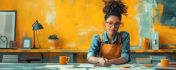 Artistic woman drafting in a vibrant studio