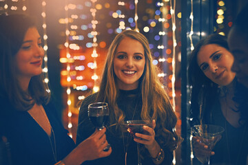 Friends, women and cocktail party with toast for portrait at nightclub, event and happy hour....