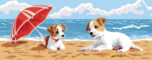 Obraz premium Design a whimsical illustration of a cat and dog on a summer holiday