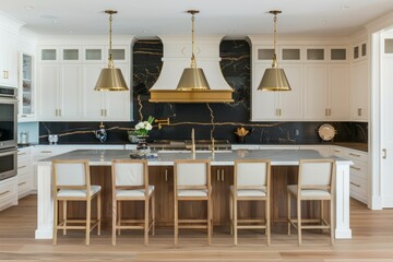It's a classic kitchen with white cabinets, a marble backsplash and a Jean Stoffer style island.