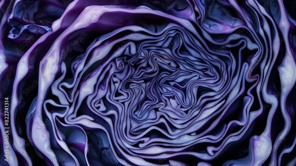 Poster background of the blue cabbage in the cut macro photography close up top view texture raw purple cab