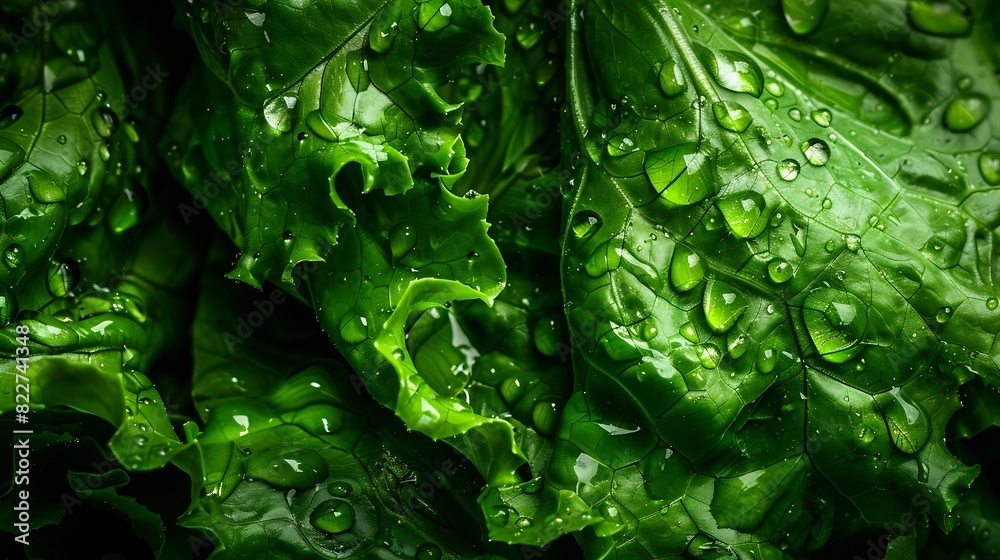 Poster closeup macro view of fresh green lettuce leaves with water drops high resolution : generative ai