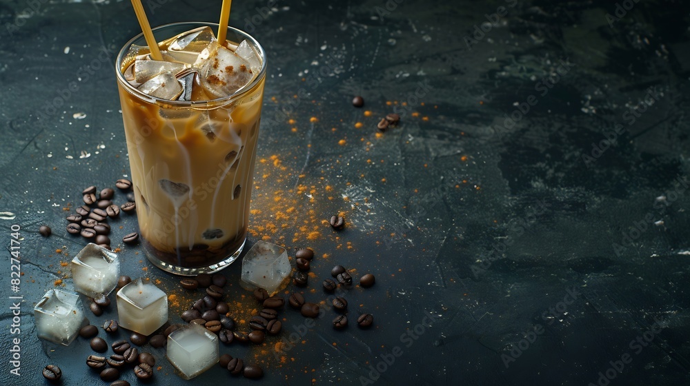Poster ice coffee in a tall glass with cream poured over ice cubes and beans on a dark concrete table cold 