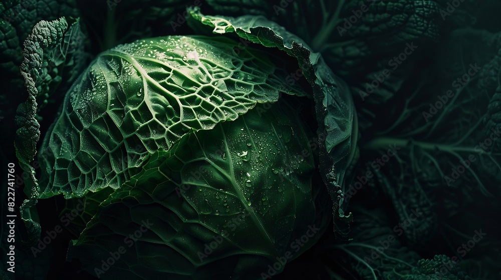 Poster Raw fresh green cabbage texture and background top view over dark background selective focus : Generative AI