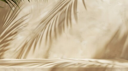 Minimal product placement background with palm shadow on beige plaster wall Luxury summer architecture interior aesthetic Boho home room for product platform stage mockup : Generative AI